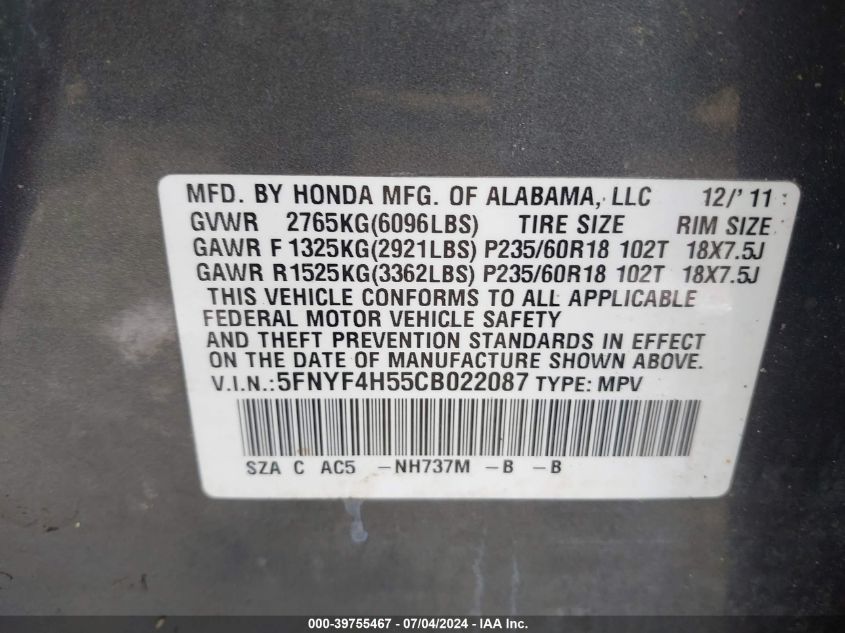 2012 Honda Pilot Ex-L VIN: 5FNYF4H55CB022087 Lot: 39755467