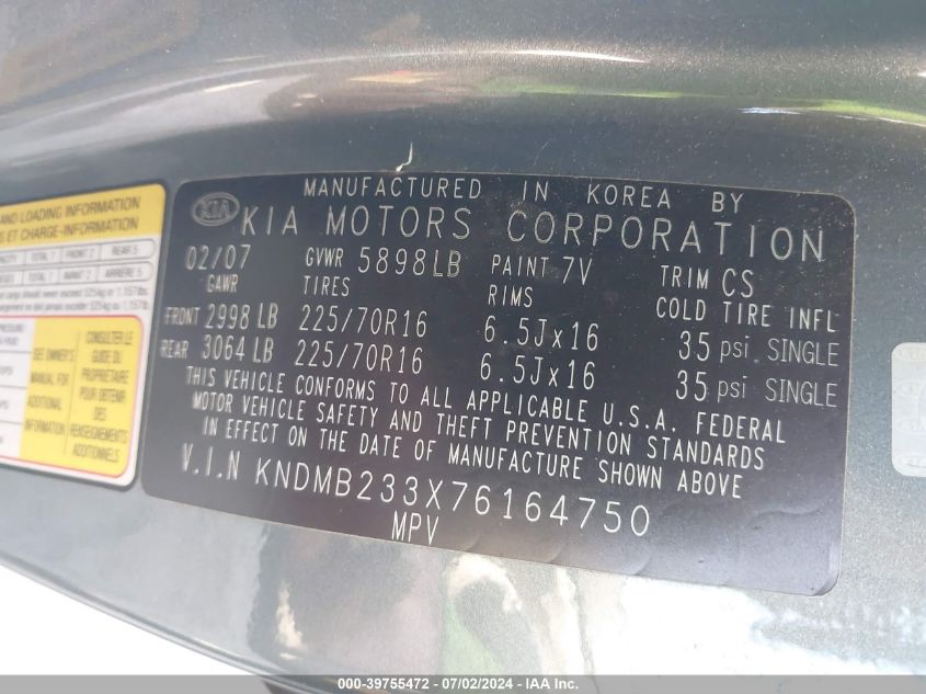 2007 Kia Sedona Lx VIN: KNDMB233X76164750 Lot: 39755472