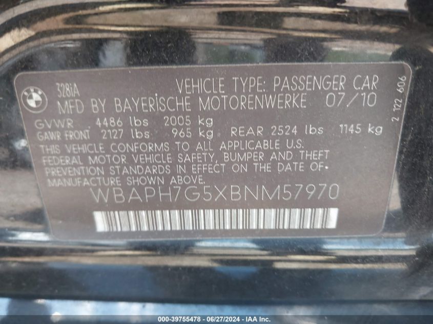 2011 BMW 328I VIN: WBAPH7G5XBNM57970 Lot: 39755478