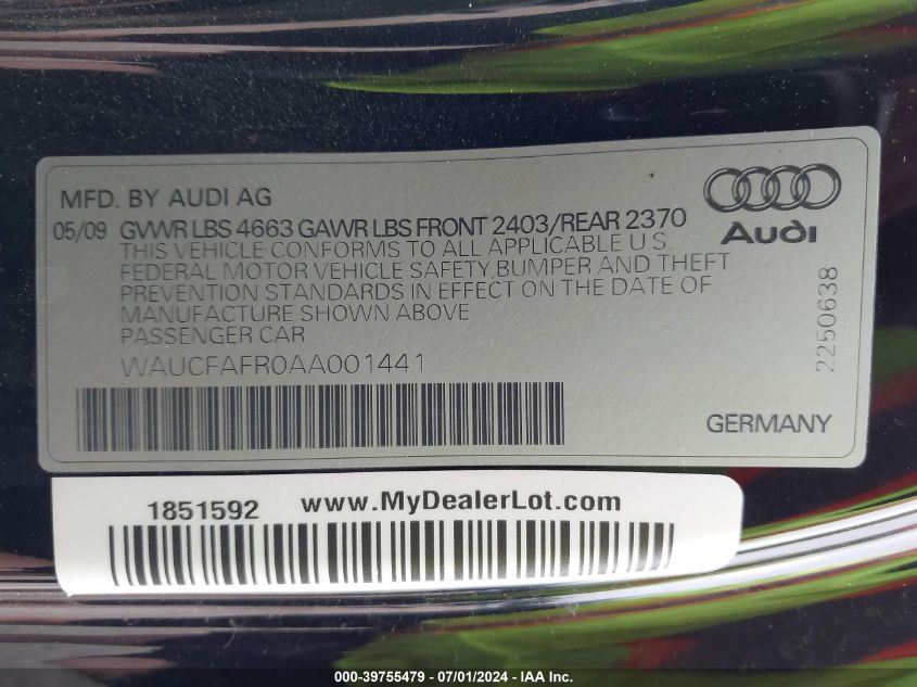 2010 Audi A5 2.0T Premium VIN: WAUCFAFR0AA001441 Lot: 39755479