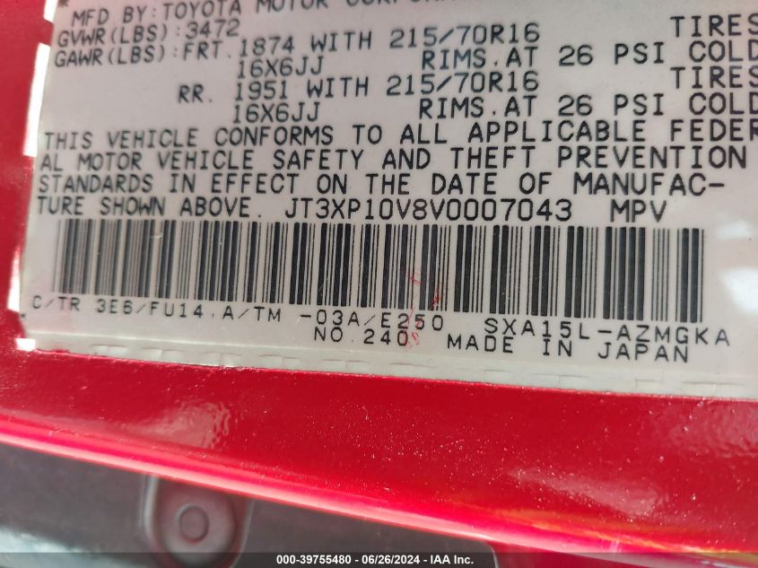 1997 Toyota Rav4 VIN: JT3XP10V8V0007043 Lot: 39755480