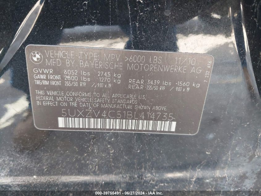 2011 BMW X5 35I VIN: 5UXZV4C51BL414735 Lot: 39755491