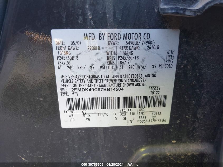 2007 Ford Edge Sel Plus VIN: 2FMDK49C97BB14504 Lot: 39755505