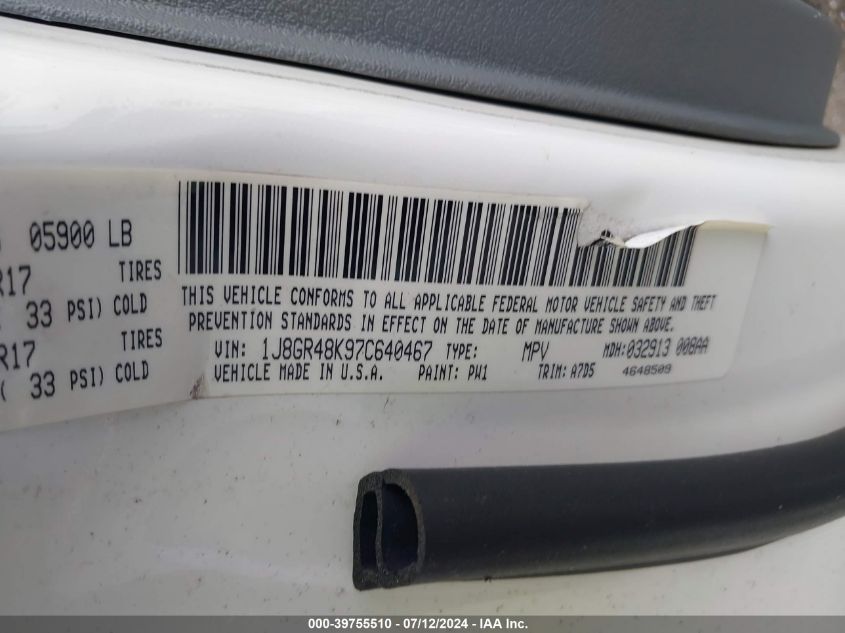 2007 Jeep Grand Cherokee Laredo VIN: 1J8GR48K97C640467 Lot: 39755510