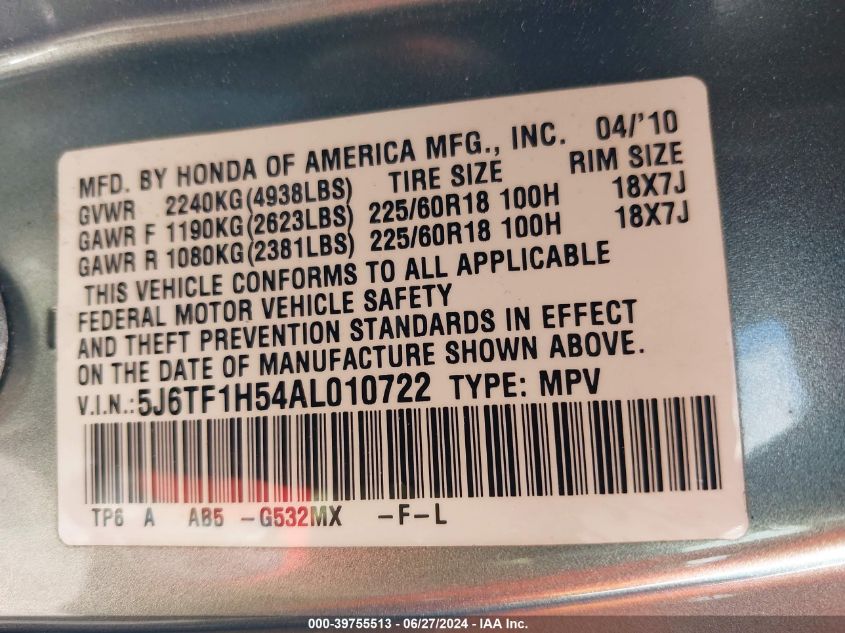 2010 Honda Accord Crosstour Exl VIN: 5J6TF1H54AL010722 Lot: 39755513