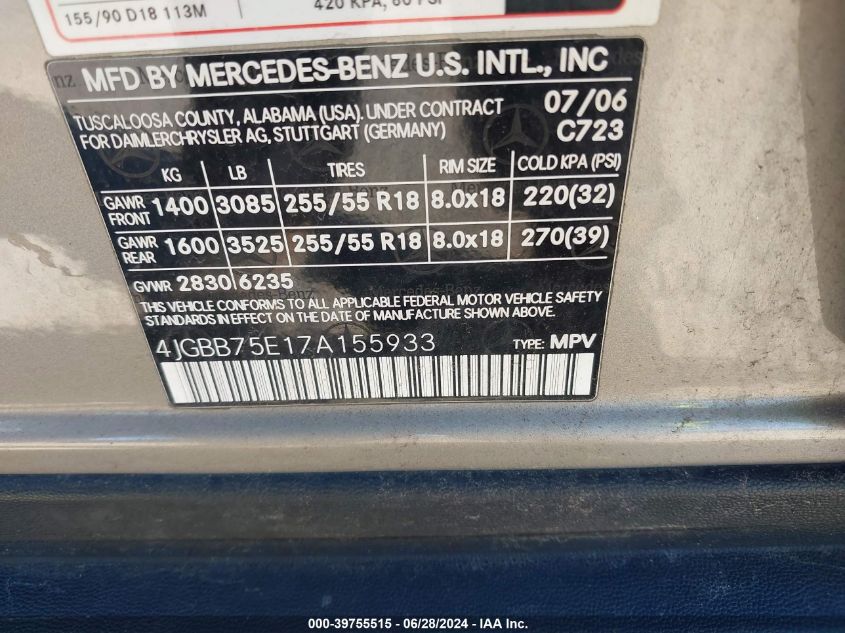 2007 Mercedes-Benz Ml 500 VIN: 4JGBB75E17A155933 Lot: 39755515