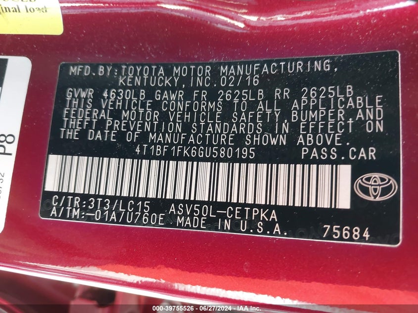 2016 Toyota Camry Le/Xle/Se/Xse VIN: 4T1BF1FK6GU580195 Lot: 39755526