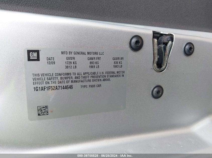 2010 Chevrolet Cobalt 2Lt VIN: 1G1AF1F52A7144646 Lot: 39755528