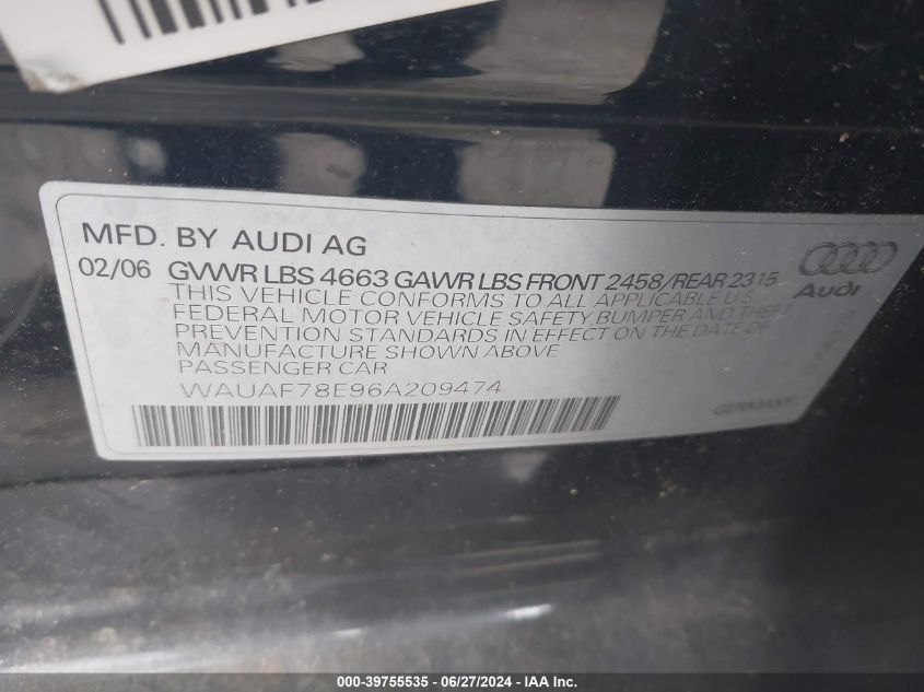 WAUAF78E96A209474 | 2006 AUDI A4