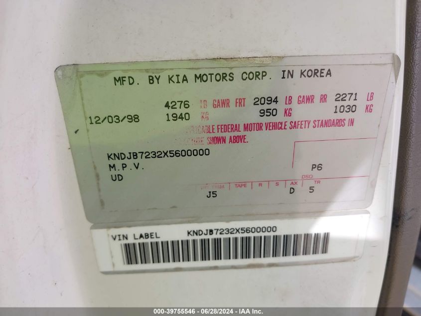 1999 Kia Sportage VIN: KNDJB7232X5600000 Lot: 39755546