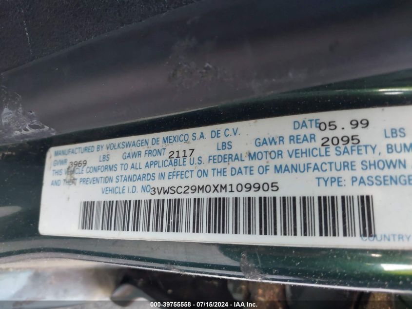 1999 Volkswagen Jetta Gls VIN: 3VWSC29M0XM109905 Lot: 39755558