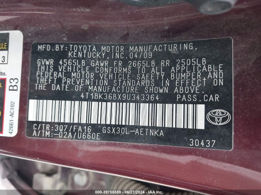 2009 Toyota Avalon Xl/Xls/Limited VIN: 4T1BK36BX9U343364 Lot: 39755559