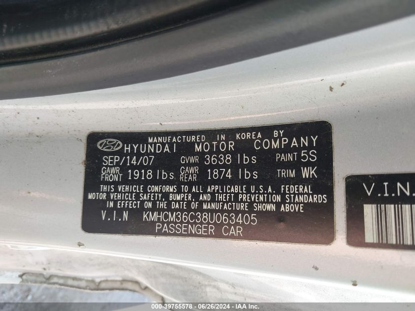 KMHCM36C38U063405 | 2008 HYUNDAI ACCENT