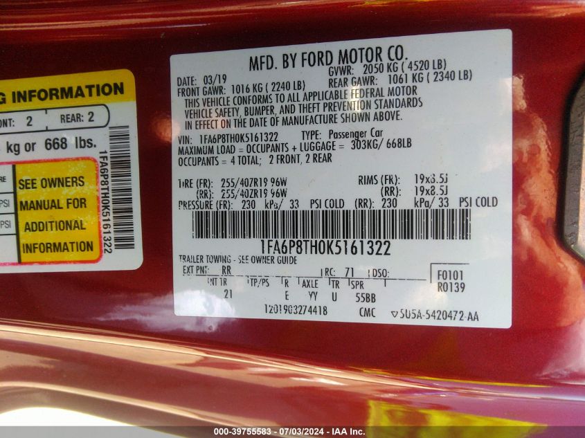 2019 Ford Mustang Ecoboost VIN: 1FA6P8TH0K5161322 Lot: 39755583