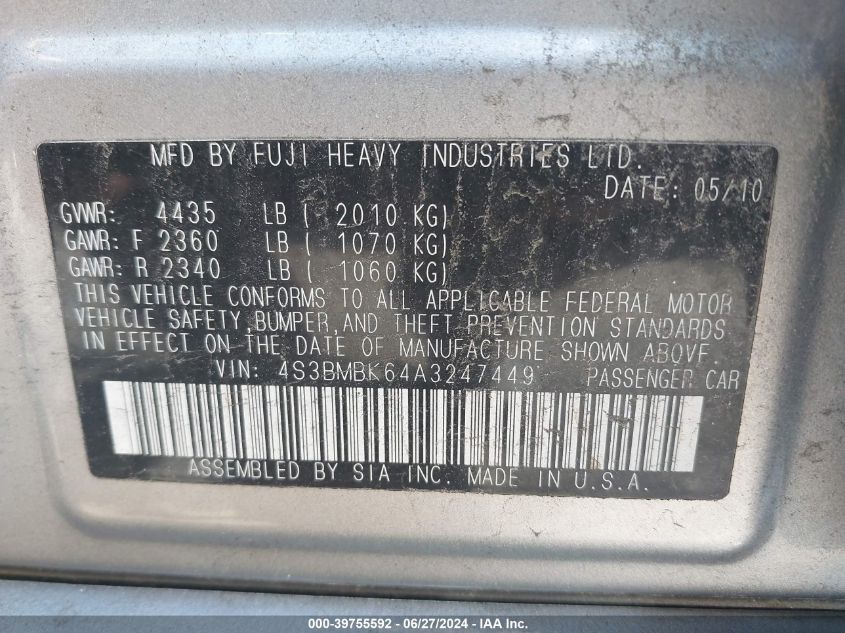 2010 Subaru Legacy 2.5I Limited VIN: 4S3BMBK64A3247449 Lot: 39755592