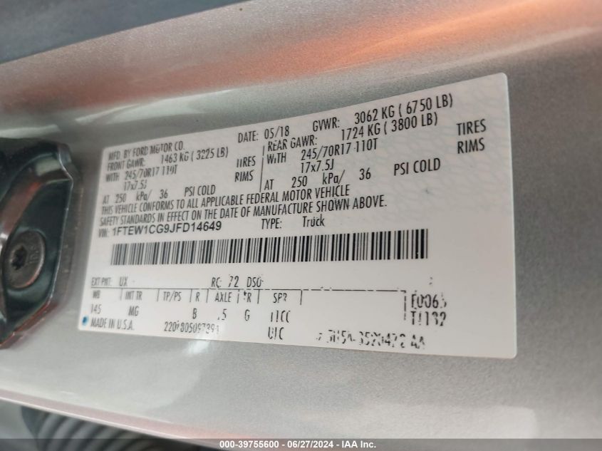 1FTEW1CG9JFD14649 2018 Ford F-150 Xlt