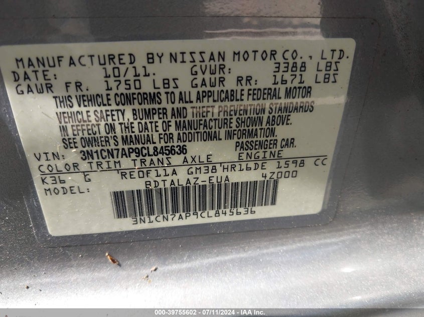 2012 Nissan Versa 1.6 S VIN: 3N1CN7AP9CL845636 Lot: 39755602