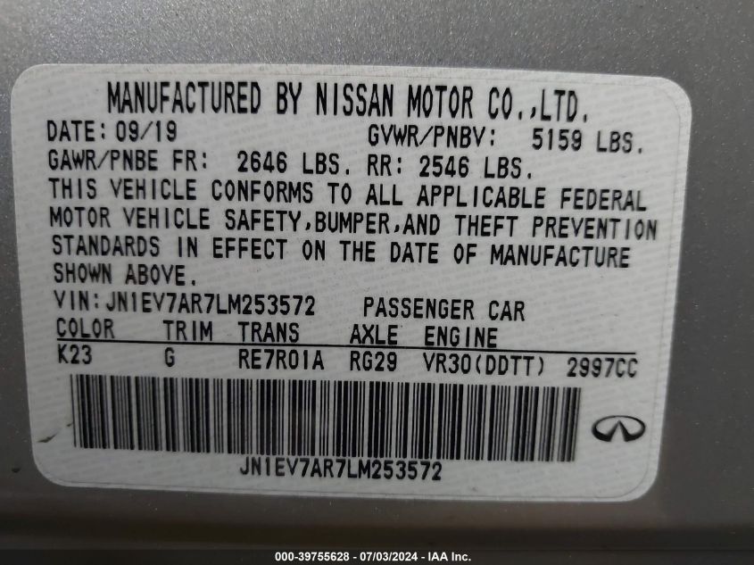 2020 Infiniti Q50 Sport Awd VIN: JN1EV7AR7LM253572 Lot: 39755628