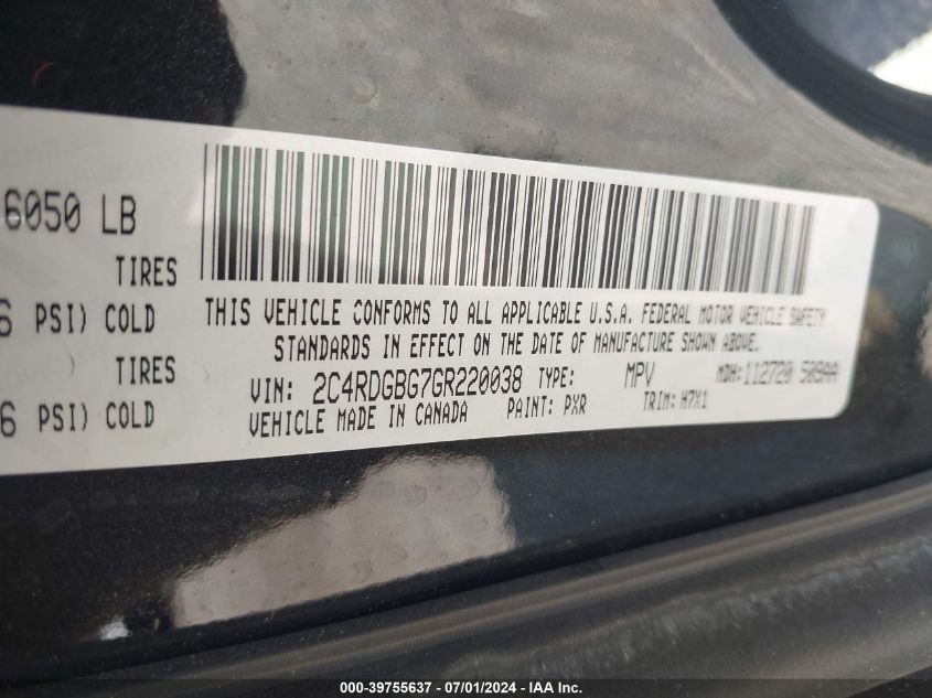 2016 Dodge Grand Caravan Se VIN: 2C4RDGBG7GR220038 Lot: 39755637