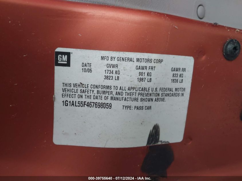 2006 Chevrolet Cobalt Lt VIN: 1G1AL55F467698059 Lot: 39755640