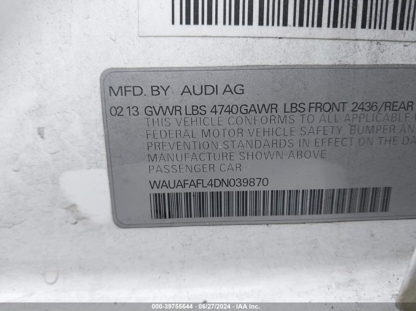 2013 Audi A4 2.0T Premium VIN: WAUAFAFL4DN039870 Lot: 39755644