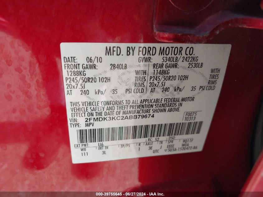 2010 Ford Edge Limited VIN: 2FMDK3KC2ABB79674 Lot: 39755645