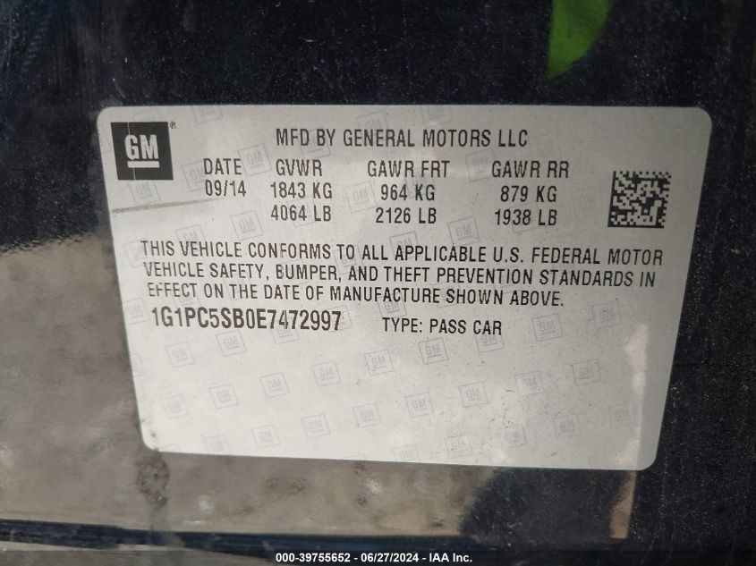 2014 Chevrolet Cruze 1Lt Auto VIN: 1G1PC5SB0E7472997 Lot: 39755652