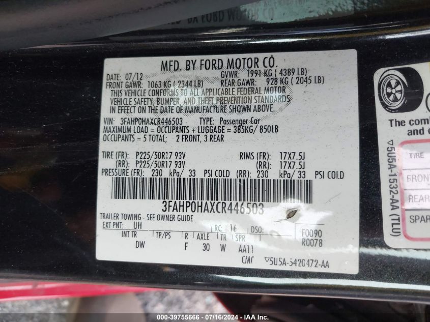 2012 Ford Fusion Se VIN: 3FAHP0HAXCR446503 Lot: 39755666
