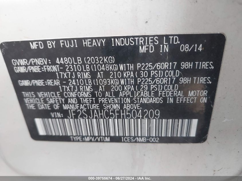 2015 Subaru Forester 2.5I Limited VIN: JF2SJAHC5FH504209 Lot: 39755674