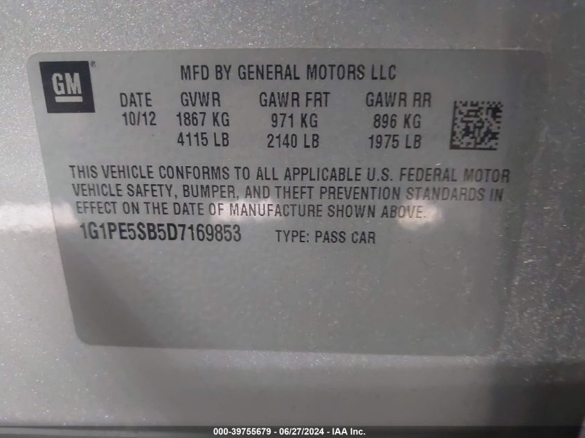 1G1PE5SB5D7169853 | 2013 CHEVROLET CRUZE