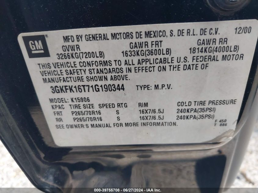 2001 GMC Yukon Xl 1500 Slt VIN: 3GKFK16T71G190344 Lot: 39755708