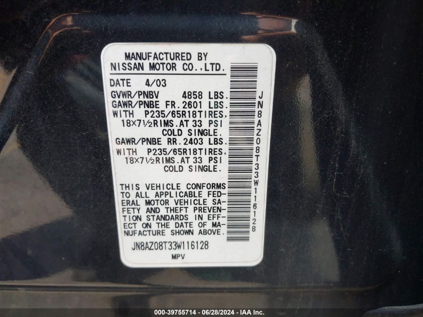 2003 Nissan Murano Sl VIN: JN8AZ08T33W116128 Lot: 39755714