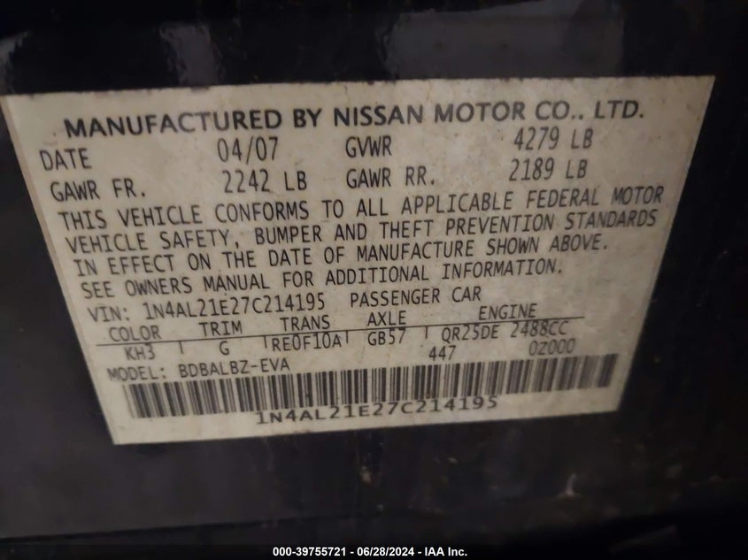 2007 Nissan Altima 2.5 S VIN: 1N4AL21E27C214195 Lot: 39755721