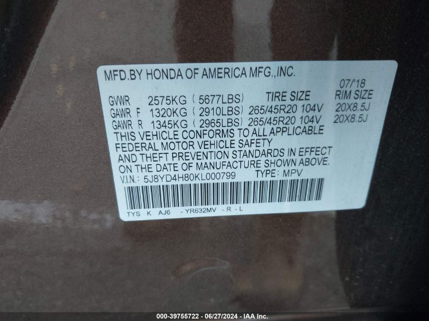 5J8YD4H80KL000799 2019 Acura Mdx Advance Pkg