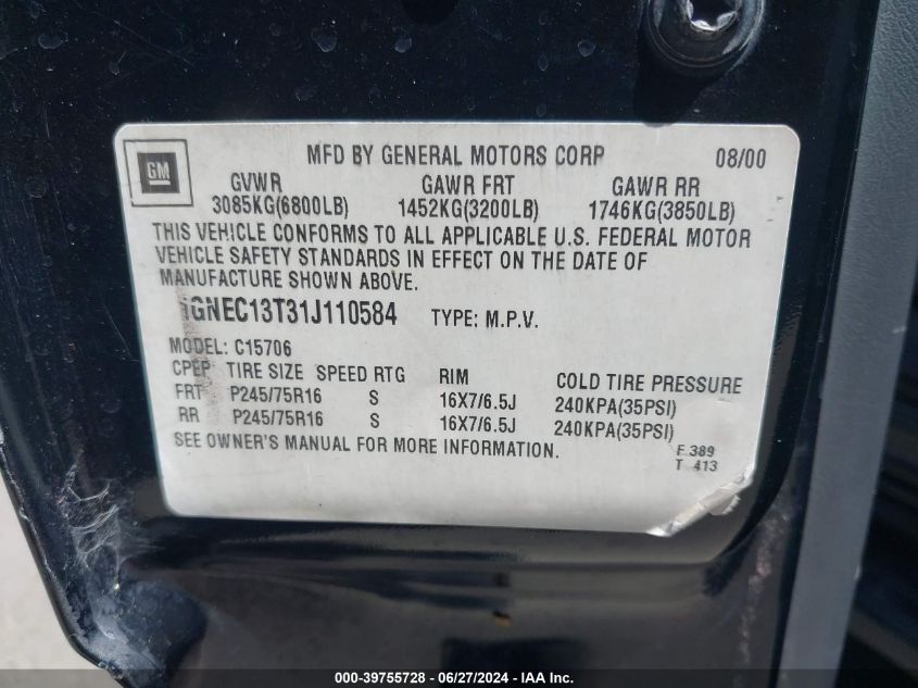 2001 Chevrolet Tahoe C1500 VIN: 1GNEC13T31J110584 Lot: 39755728