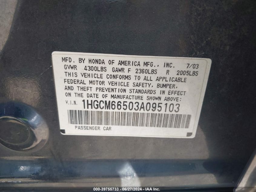 1HGCM66503A095103 2003 Honda Accord 3.0 Ex