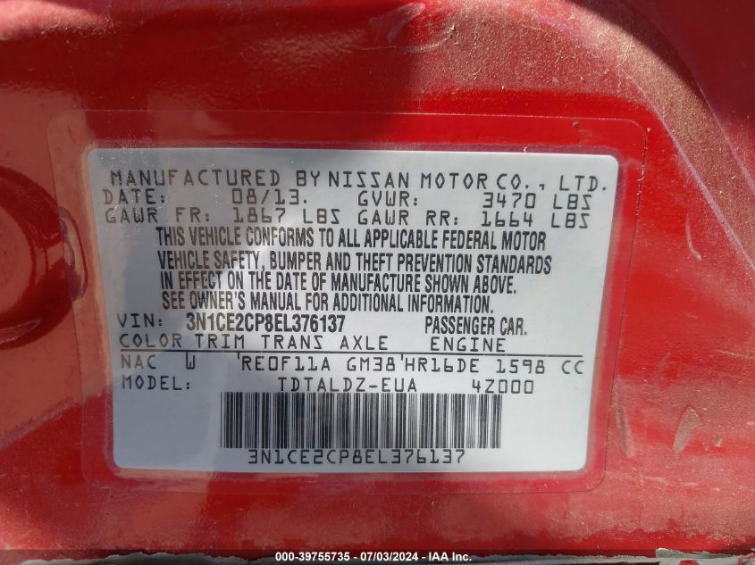 2014 Nissan Versa Note Sv VIN: 3N1CE2CP8EL376137 Lot: 39755735