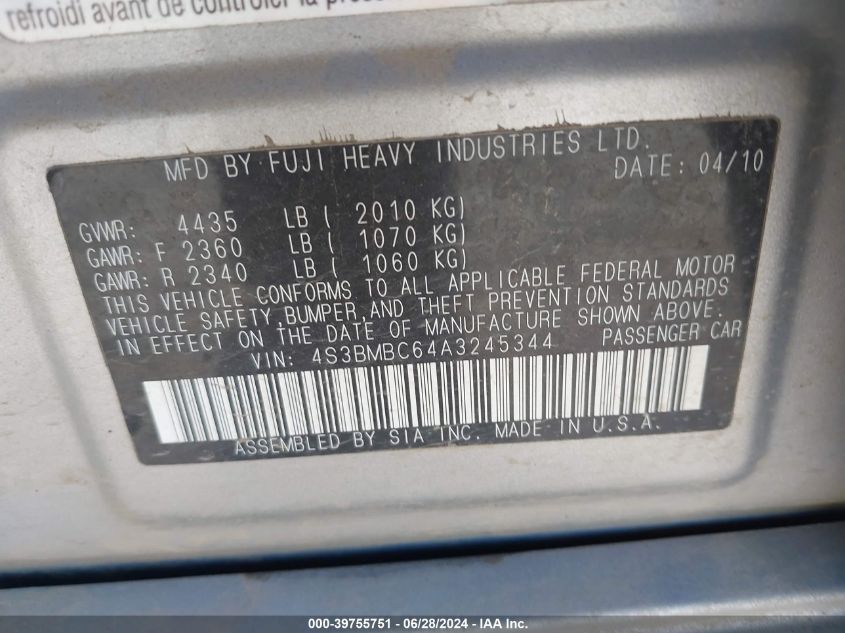 2010 Subaru Legacy 2.5I Premium VIN: 4S3BMBC64A3245344 Lot: 39755751