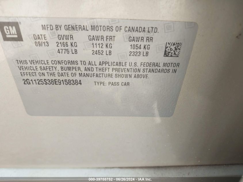 2014 Chevrolet Impala 2Lt VIN: 2G1125S38E9158384 Lot: 39755752