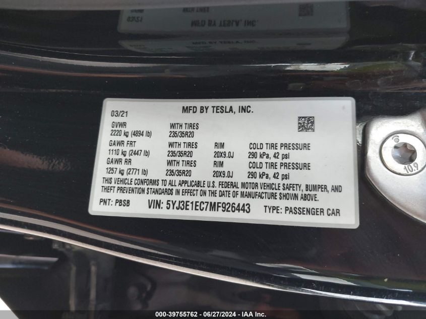 2021 Tesla Model 3 Performance Dual Motor All-Wheel Drive VIN: 5YJ3E1EC7MF926443 Lot: 39755762