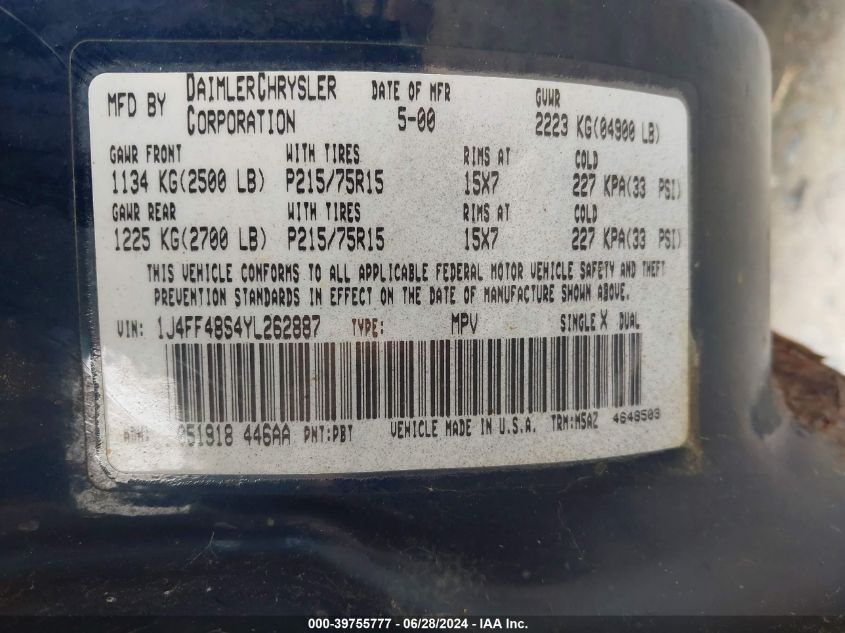 2000 Jeep Cherokee Sport VIN: 1J4FF48S4YL262887 Lot: 39755777