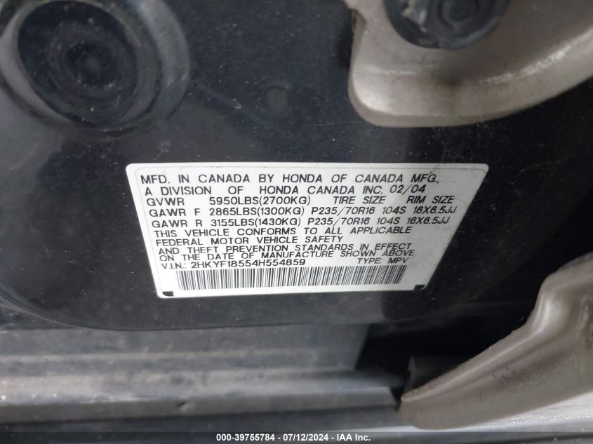 2004 Honda Pilot Ex-L VIN: 2HKYF18554H554859 Lot: 39755784