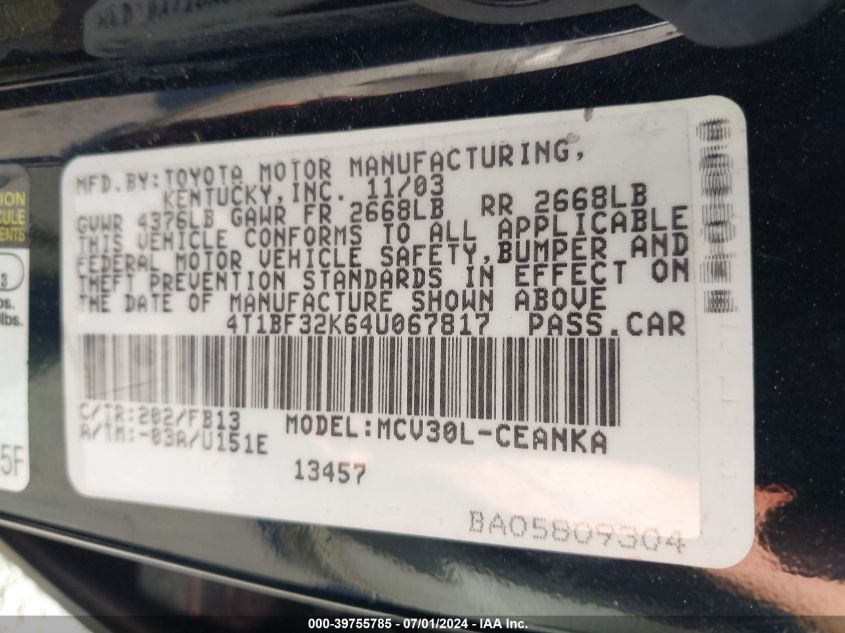 2004 Toyota Camry Le V6 VIN: 4T1BF32K64U067817 Lot: 39755785