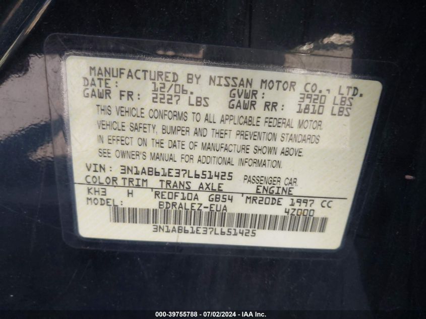 2007 Nissan Sentra 2.0S VIN: 3N1AB61E37L651425 Lot: 39755788