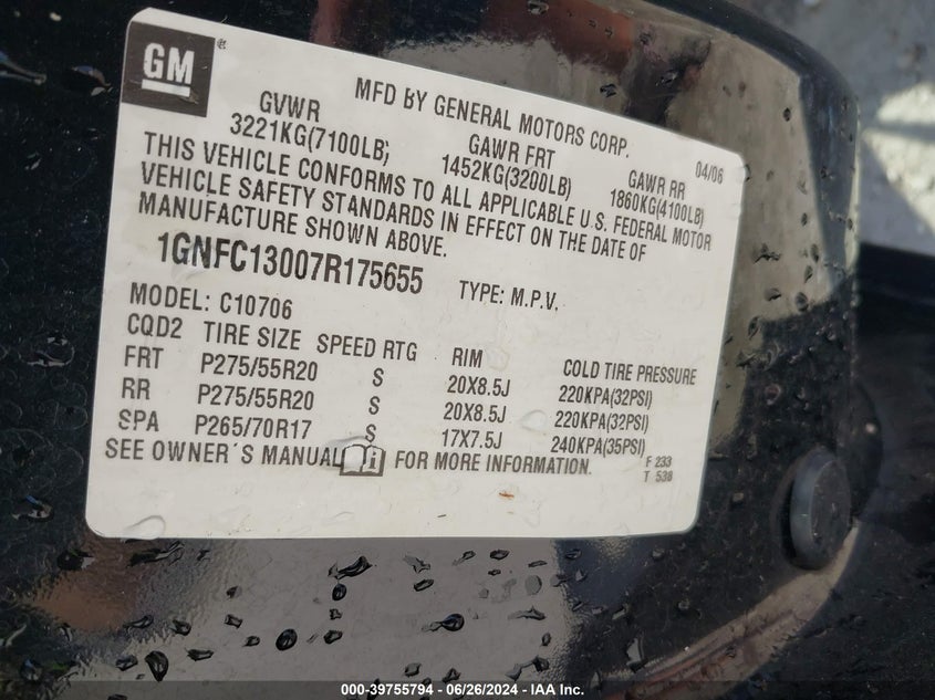 2007 Chevrolet Tahoe Lt VIN: 1GNFC13007R175655 Lot: 39755794