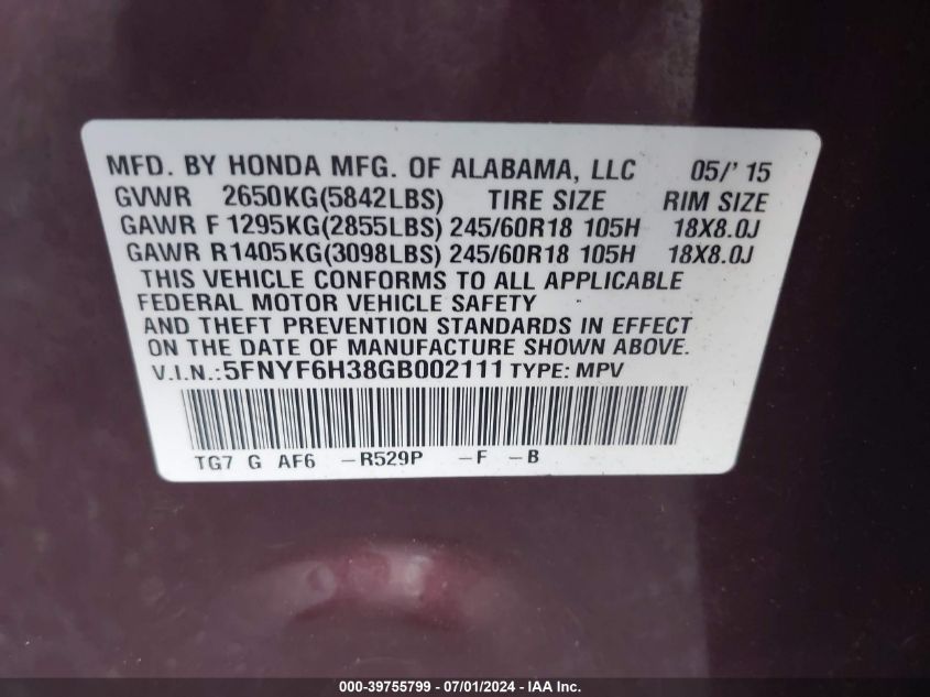 2016 Honda Pilot Ex VIN: 5FNYF6H38GB002111 Lot: 39755799
