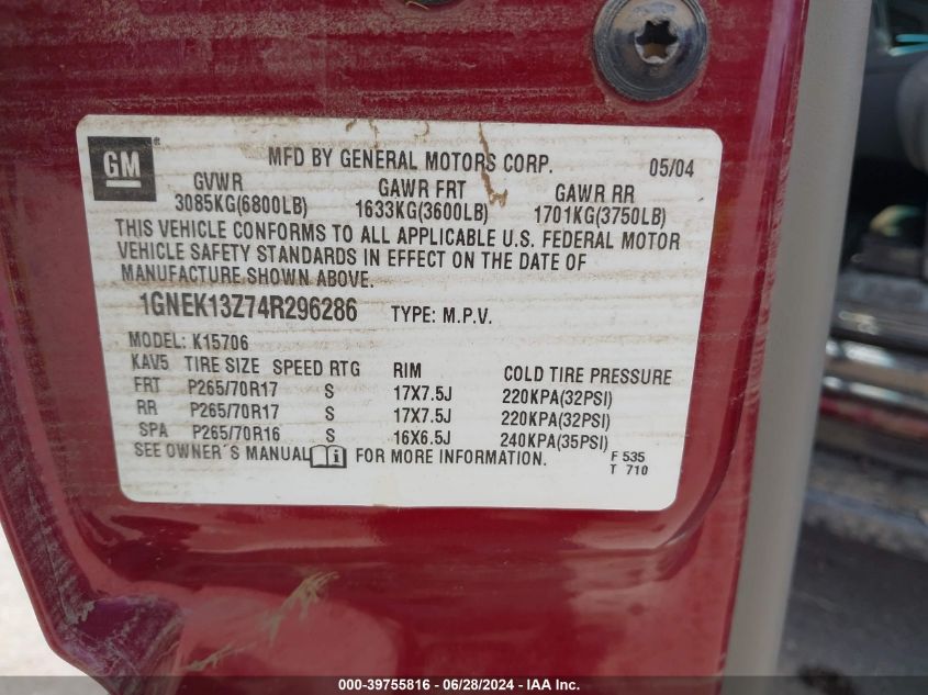 2004 Chevrolet Tahoe Ls VIN: 1GNEK13Z74R296286 Lot: 39755816