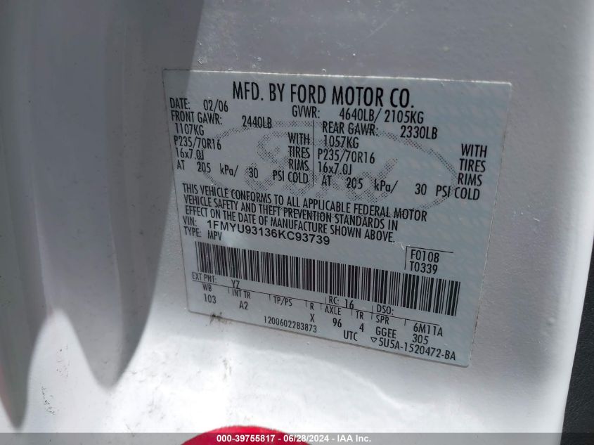 2006 Ford Escape Xlt VIN: 1FMYU93136KC93739 Lot: 39755817