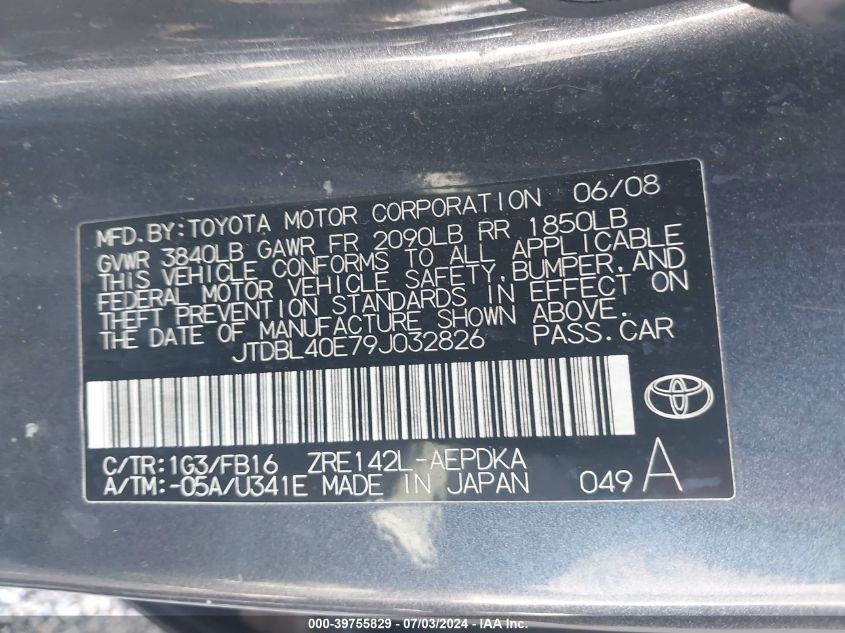 2009 Toyota Corolla Le/Xle VIN: JTDBL40E79J032826 Lot: 39755829