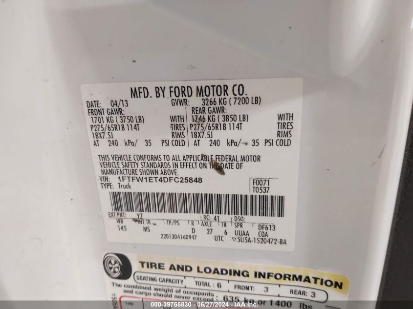 2013 Ford F-150 Xlt VIN: 1FTFW1ET4DFC25848 Lot: 39755830